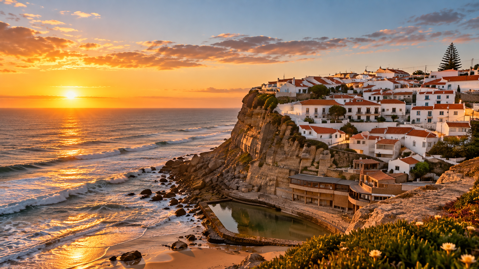 Azenhas do Mar village on the cliffs above the Atlantic at sunset, Sintra, Portugal